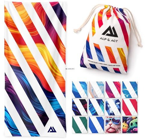 ALP & ACT Strandtuch XXL 200x90 cm - 100% recycelte Mikrofaser - EXTRA LEICHT & schnelltrocknend - großes Microfaser Handtuch für Urlaub & Strand - Badetuch inkl. Baumwollbeutel - bunt