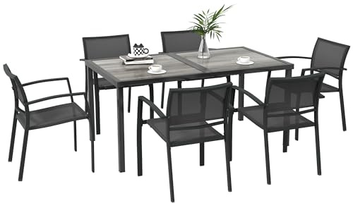 Outsunny Set Tavolo da Giardino con Sedie da 7 Pezzi, Set da Pranzo con Tavolo con Piano in Plastica Effetto Legno, 6 Sedie da Esterno Impilabili con Braccioli, Set di Mobili in Acciaio, Grigio