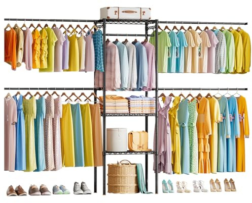 Uptyia Sistema de Ropa Extensible con Estantes Ajustables,Barra de Ropa de Pared de Metal,Perchero Industrial de Pared con Estantería de Almacenamiento, para Dormitorio, Lavadero, Tienda (Negro)
