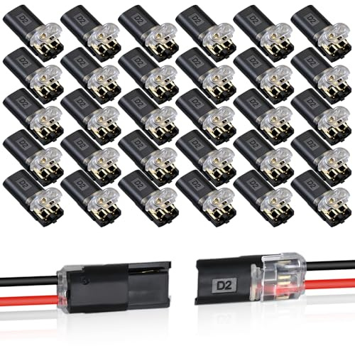 30PCS Double Wire Plug in Connector,Pluggable Low Voltage Wire Connector with Locking Buckle,Quick Disconnect Led Light Strip Connectors 2 Pin,No Wire Stripping Cutting 18-22AWG