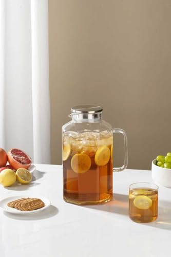 1 Gallon 128oz Octagon Glass Water Pitcher with Lid and Spout, Water Pitchers with Handle for Fridge, Borosilicate Glass Carafe for Hot/Cold Drink, Extra Large Jug for Iced Tea, Coffee.