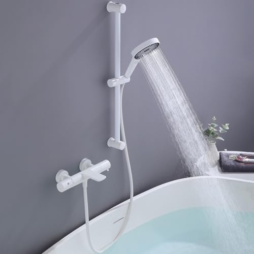 Rubinetto Vasca da Bagno Termostatico Bianco 2 Uscite Acqua Rubinetto Doccia da Muro con Asta Fissa Regolabile in Altezza,Bianco