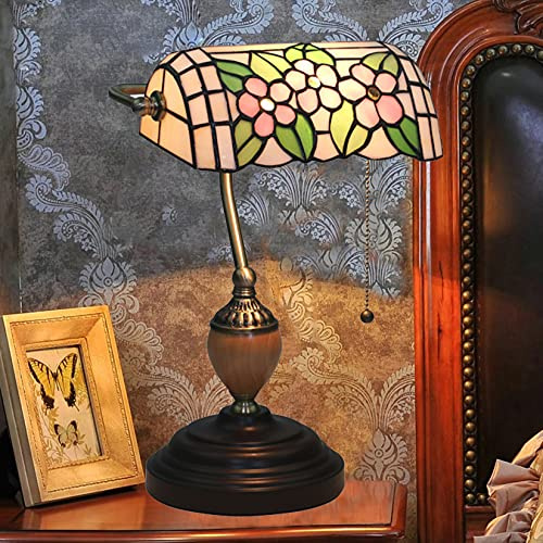 Vintage bankirlampa, bord, pianolampa, skrivbord, antik legeringsbas, nattlampa för sovrum, vardagsrum, målat glas (färg: grön) (påsklilja A)