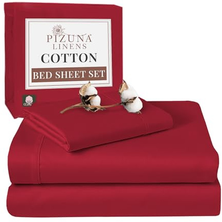 Pizuna 100% Cotton Single Bed Sheet Set Burgundy Red, 400 Thead Count Long Staple Cotton Bedding Set 180x280 cm, Soft Sateen 3 PC Single Bed Sheet Set - Fitted Sheet, Flat Sheet & 1 Pillowcase