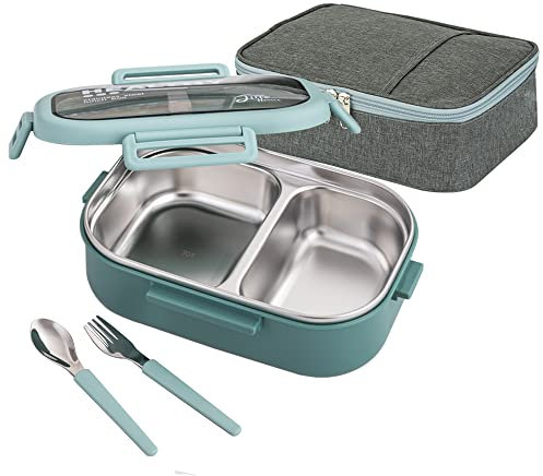 Lille Home 850ml de acero inoxidable a prueba de plomo 2 compartimentos/contenedor de alimentos con bolsa de almuerzo y cubiertos, sin BPA (verde)