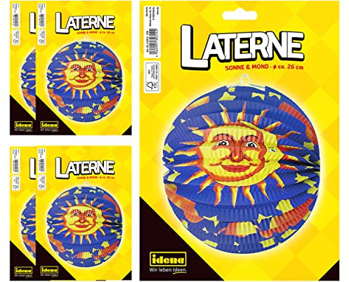 Idena 90119 - Laterne Sonne & Mond, 5 Stück, Durchmesser 26 cm, Lampion, Papierlaterne, Sankt Martin