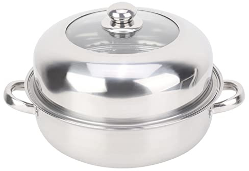 28cm Stainless Steel Steaming Pot, Single Stewpot Hotpot Multipurpose Food Steamer Cookware with Divider, Handle & Lid for Vegetable, Dumpling, Sauce, Food