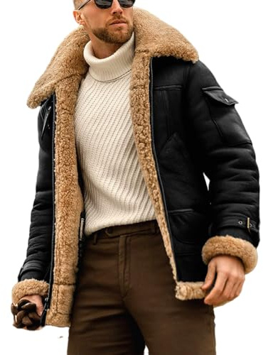 EsukAr Mens Aviator Shearling Sheepskin Leather Bomber Flying Jacket,Black,XL