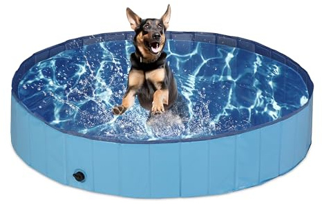 Relaxdays Piscine pour Chien, avec Valve, Pliable, 30 x 160 cm, pour rafraîchir Votre Animal, PVC & MDF, Bleu