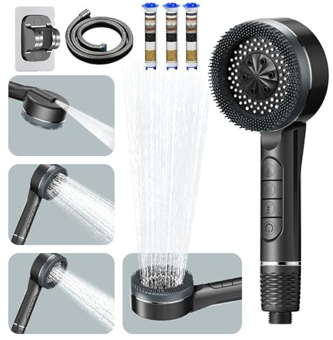 Duschkopf mit Schlauch, Hochdruck Handbrause mit Schlauch 1,5M, 4 Strahlarten Duschkopf Wassersparend mit Filter, Regendusche Druckerhöhend Sparduschkopf für Hartes Wasser, Filter Shower Head (Grau)
