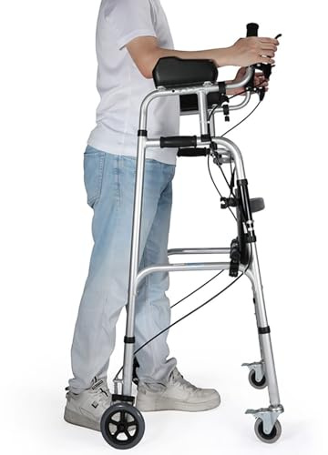 Hopfällbar Rollator för Seniorer, Hopfällbar lätt Gångram i Aluminium med Hjul, Upprätt Rollator Rollator för Inomhus Utomhus Armstöd Bromsar Lädersäte Dubbel komfort
