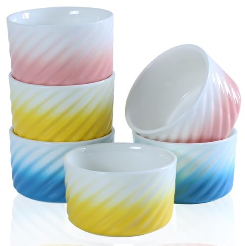 VIULIKT ramekins 6oz, Ceramic Creme Brulee Bowl, Souffles Dishes, Oven microwave safe, Pudding cup, Sauce bowl, Set of 6, Gradient Colors.