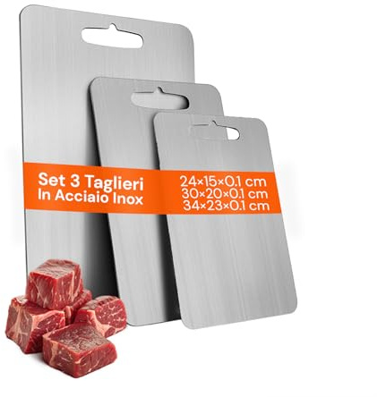 Avilia - Tagliere Acciaio Inox Bifacciale con Manico Forato Set 3 Diverse Dimensioni per Carne Pesce Verdure e Pane Uso Quotidiano Superficie Igienica Antiruggine Salvaspazio