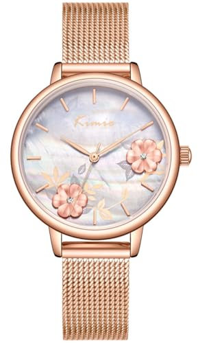 Alienwork Orologio Donna Oro rosa Cinturino in Maglia Metallo Bianco Quadrante Madreperla Elegante