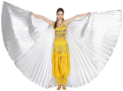 Leemiman Women Belly Dance Wings for Adult Belly Dance Costume for Halloween Carnival Performance Angel Wings with Sticks (Silver)