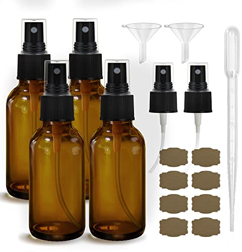GIVAMEIHF Amber Glass Spray Bottles 4oz,Small Empty Glass Spray Bottle Fine Mist Spray Refillable Containers,Mini Travel Spray Bottles set of 4,Included 6 Sprinkler,2 Funnels,1 Droppers,8 Labels