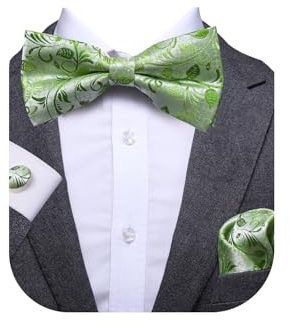 Dubulle Light Green Mens Bowtie Floral Flower Pretied Bow Ties for Men and Pocket Square Cufflinks Suit Wedding Business Casual