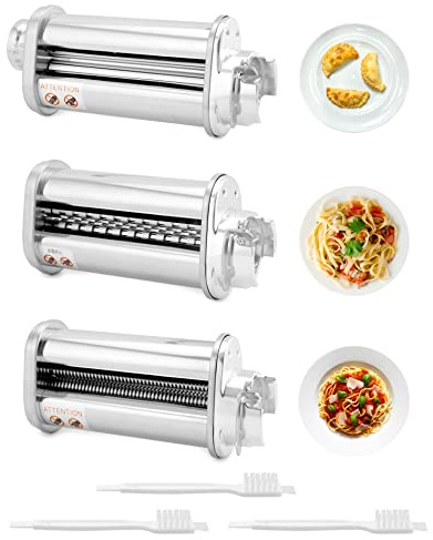 QWORK Uppsättning av 3 pastabladsrullar spagettiskärare fettuccineskärare, pasta fäste av SUS304 rostfritt stål kompatibel med Bosch köksmaskiner MUM5 MUM4 och en del av MUM2-serien