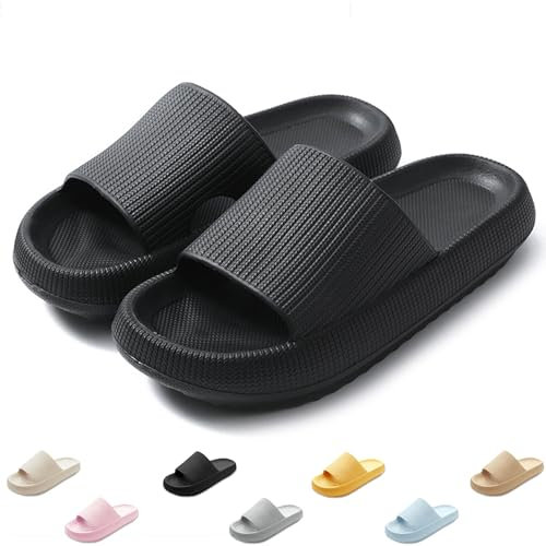 QJJQ Badeschuhe Herren Damen Cozislides Original Slippers Wolke Schlappen Super Weich rutschfest Badelatschen Hausschuhe Sommer Pantoletten Badeschlappen Flip Flops,Schwarz, 40-41 EU