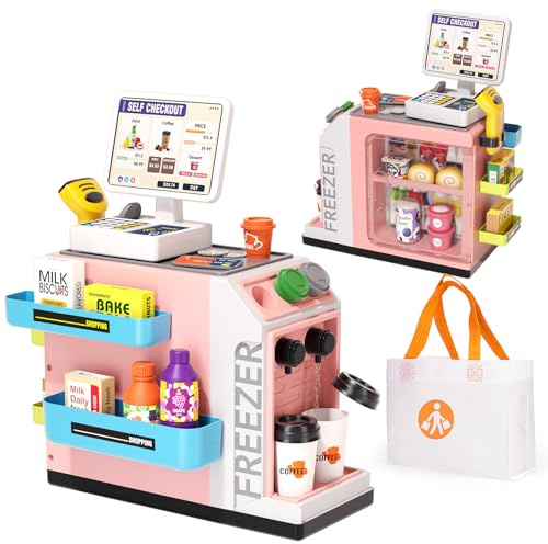 Jovow 48-Piece Pretend Play Cash Register Toy Set for Kids with Water Outlet Function - Calculator, Shopping Bag, Scanners, Coffee Machine, Play Food - Gift for Boys and Girls Ages 3+（Pink）
