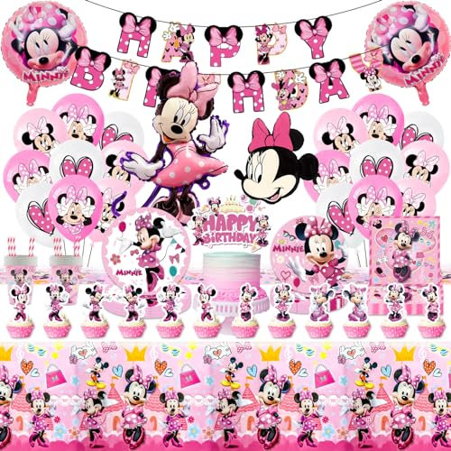 Partygeschirr Geburtstagsdeko,97pcs Minnie Mouse Birthday Decorations Party Deko, Rose Geburtstag Deko Geschirr Kit Pappteller,Banner,Servietten,Pappbecher,Tischdecken,Luftballons,Toppers,Strohhalmen