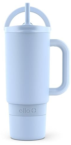 Ello Port 30oz Tumbler with Carry Loop & Integrated Handle, Vacuum Insulated Stainless Steel Reusable Water Bottle, Travel Mug with Leak Proof Lid & Straw, Perfect for Iced Coffee & Tea, Halogen Blue