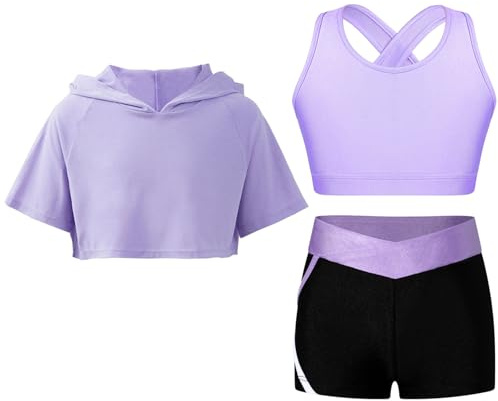 Oyolan Enfant Fille Ensemble de Sport Crop Top Sweat à Capuche Débardeur Short Fitness Gym Yoga Workout Survêtement Eté 5-16 Ans A Lavande 11-12 ans