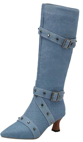 HSyc JRX Botas altas hasta la rodilla de tacón pequeño con hebilla con remaches Botas de caña larga para mujer, azul, 38 EU