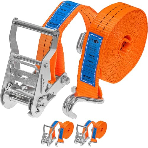 INTAKO Cinchas de Amarre con Carraca – 4m / 6m x 2000kg x 35mm – 2/10 Piezas – Eslingas con Carraca – Cinta de Amarre con Trinquete – Tensor de Cinchas para Auto y Moto (Naranja, 4m (2 Pezzi))
