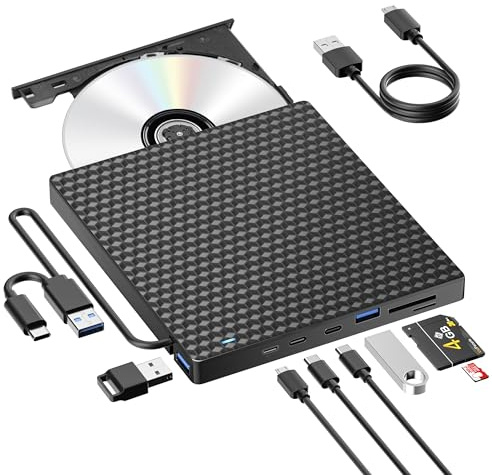 Lector CD/DVD Externo,Grabadora DVD Externa USB 3.0 y Type-C,Disquetera Externa USB,Reproductor CD DVD +/- RW Portatil Lector,Unidades DVD/CD Externa para PC/Laptop/Linux/Windows 11/10/8/Mac/Desktops