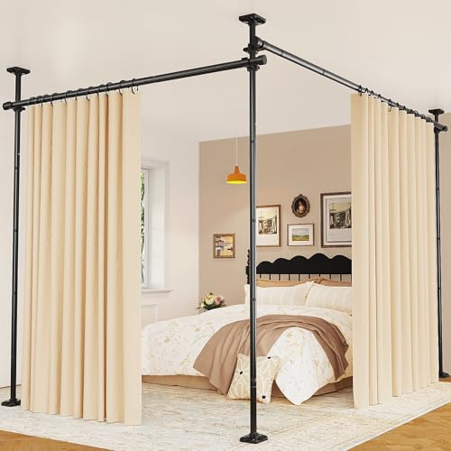 Yeabett Room Divider No Drill Free Standing Curtain Pole, Adjustable 122-305cm(H), 70-290cm(w), Sturdy Stainless Steel for Any Room Separation, Black