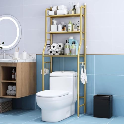 Scaffale da bagno autoportante dorato con ganci e porta carta igienica, mensola salvaspazio da bagno per articoli da toeletta e biancheria essenziali