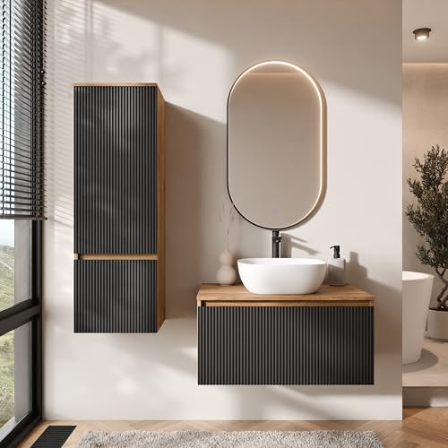Planetmöbel Arisa - Juego de muebles de baño con armario bajo (80 cm, roble dorado y negro estriado) con espejo Glora y armario alto, lavabo de 42 cm, color blanco, incluye sifón para ahorrar espacio