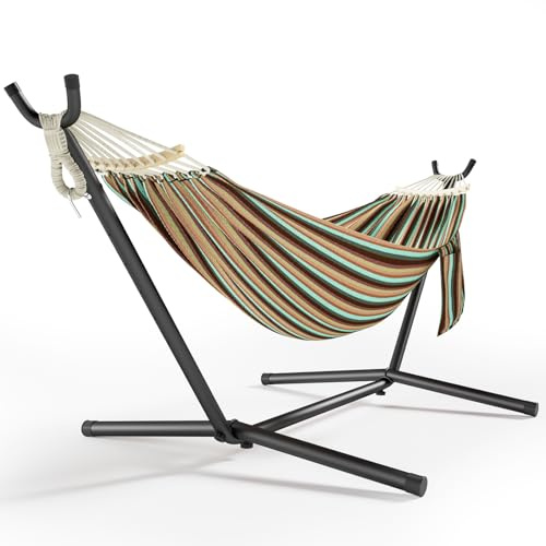 Angchiluo 600lbs Hammock with Stand for Outside, 2 Person Portable Hammock with Side Storage, Carrying Bag, Expend Wooden Bar for Outdoor or Indoor (Dark Rainbow)