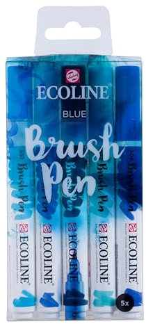 Ecoline Brush Pen-Set mit 5 flüssigen Aquarellstiften – Blautöne | Mischbare Pinselstifte für Handlettering, Zeichnen und Basteln