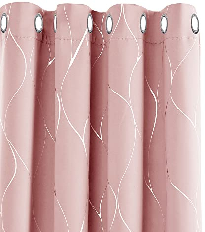 Deconovo Window Treatment Thermal Insulated Curtains Wave Line Foil Printed Blackout Curtains Ring Top Curtains for Living Room Coral Pink W46 x L54 One Pair
