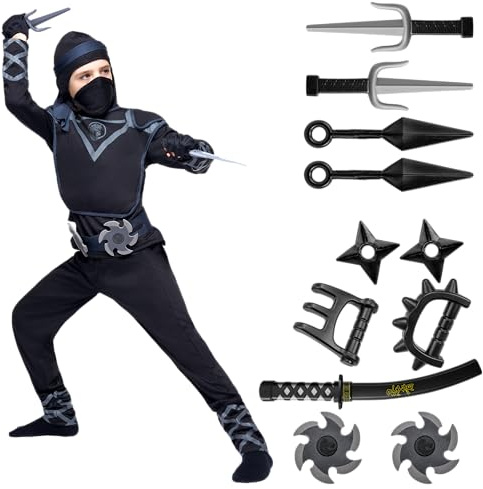 Spooktacular Creations Costume da Ninja nero Deluxe con accessori Ninja in schiuma Giocattoli per bambini Tuta da Kung Fu Idee per Halloween
