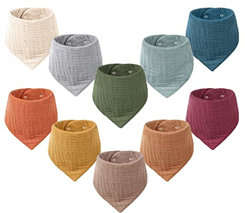 Konssy Muslin Baby Bibs 10 Pack Baby Bandana Drool Bibs 100% Cotton for Unisex Boys and Girls, Soft Absorbent Set for Teething and Drooling
