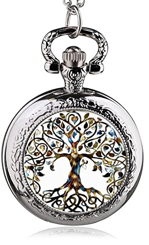 WRVCSS Argent Acier Inoxydable Arbre de Vie chaîne Montre de Poche Collier Dames Pendentif chaîne