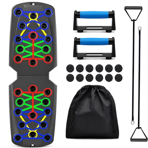 Push Up Board 12 in 1 Portable Folding Exercise Workout Station to Target Chest, Back, Shoulders & Triceps - Includes Handles, Resistance Bands, Non Slip Stickers & Storage Bag