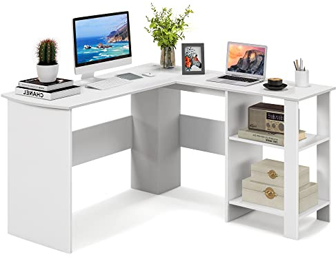 COSTWAY Skrivbord i L-form, hörnskrivbord med 2 kabelhål och förvaringsfack, hörnbord, datorbord, kontorsbord för hem eller kontor, 130 x 130 x 74 cm (vit)