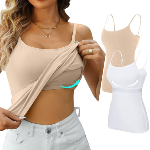 V FOR CITY Women Non-Padded Shelf Bra Camisole 2 Pack | Adjustable Straps, Scoop Neck, Cotton, Slim Fit, Breathable, Workout, Dating, Yoga Cami Shirts, Gym Tank Top