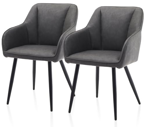 TUKAILAI Esszimmerstühle 2er Set aus Kunstleder,Küchenstuhl Polsterstuhl Armlehnstuhl mit Armlehnen,Rückenlehnen,weiche Sitzpolster,Metallbeinen,Modern Sessel für Küche Esszimmer Wohnzimmer,Grau