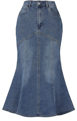 Allegra K Dam fisksvans jeanskjol tvättad bodycon denim midikjol med fickor, gråblå, XL