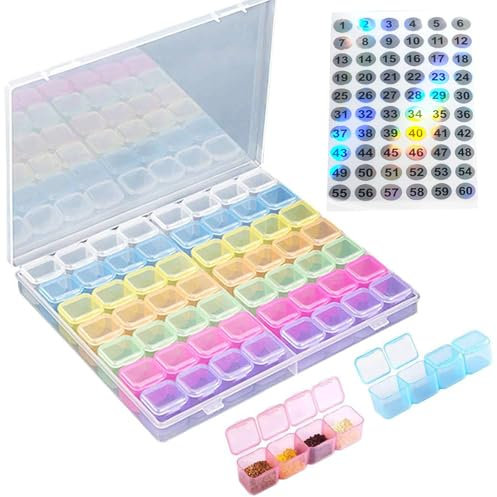 Barlone Diamond Painting Aufbewahrungsbox, 56 Raster Kunststoff Farbe Diamond Painting Zubehör Boxen, Diamond Painting Zubehör Etiketten, für Nagel Kunst Diamanten, Perlen und Anderes DIY Basteln