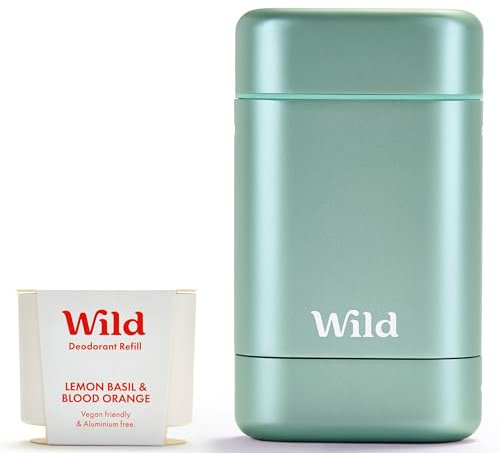 Wild - Natural Refillable Deodorant Starter Kit with Aqua Case and Lemon Basil & Blood Orange Scented Refill (40g) - Aluminium Free - Long Lasting Protection - Vegan