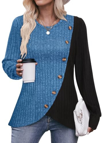 Flikity Ladies Jumpers Casual Crew Neck Tops Womens Long Sleeve Tops | Decorative Buttons Side Tunic Sweatshirts Pullover Lightweight Sweaters Spring Autumn Winter Clothes S-3XL