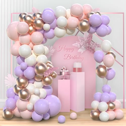 Kit Arco Palloncini Rosa Viola, 97pz Ghirlanda Palloncini Viola Rosa Pastello con Palloncini Lilla Palloncini Oro Rosa Bianco per Decorazioni Compleanno Baby Shower Battesimo Nascita Bimba Matrimonio