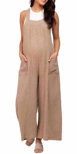 FEOYA Tuta Estiva Donna Incinta Salopette Regolabili Maternity Pantaloni a Bretella Premaman Pagliaccetto Senza Maniche Cachi M