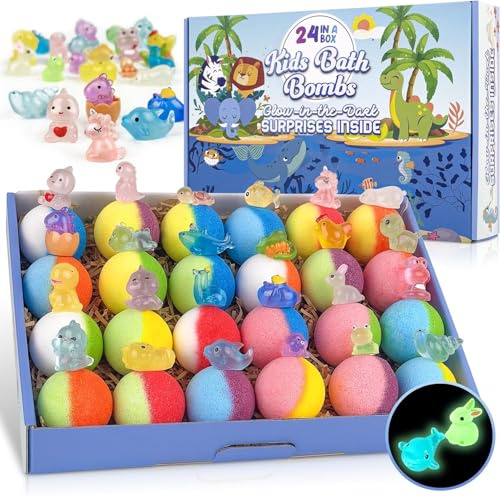 Bath Bombs for Kids, 24pcs Bath Bombs with Glow in The Dark Surprise Toy Inside, Natural and Organic Colorful Bubble Bath Fizz, Perfect Birthday, Party, Or Easter Gift for Boys and Girls